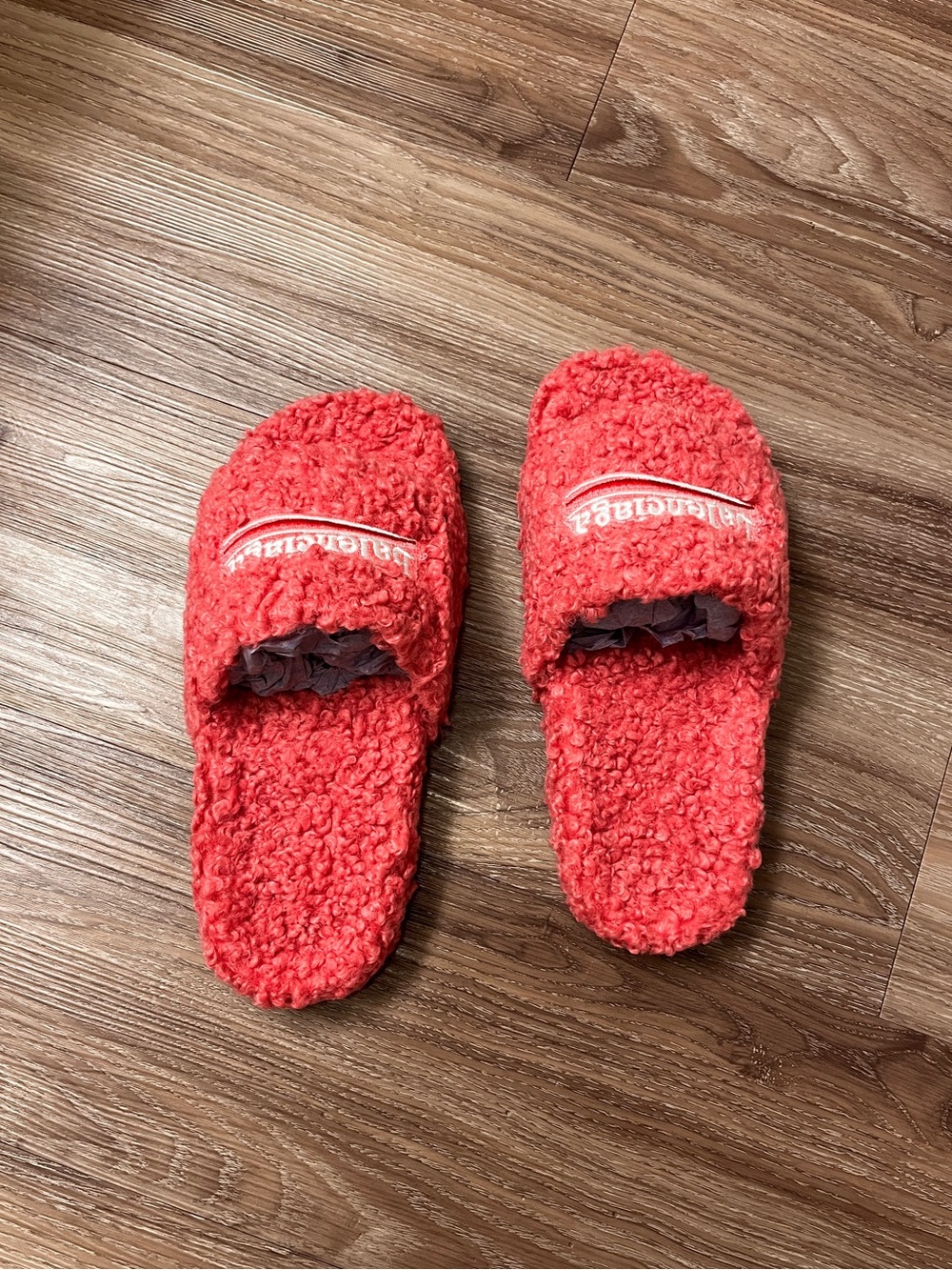 Balenciaga Red Shearling Slide Sandals
